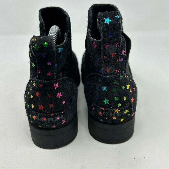 Sorel Emelie Black Leather Chelsea Boots Girls Size 5 Multicolor Rainbow Stars - Picture 11 of 14